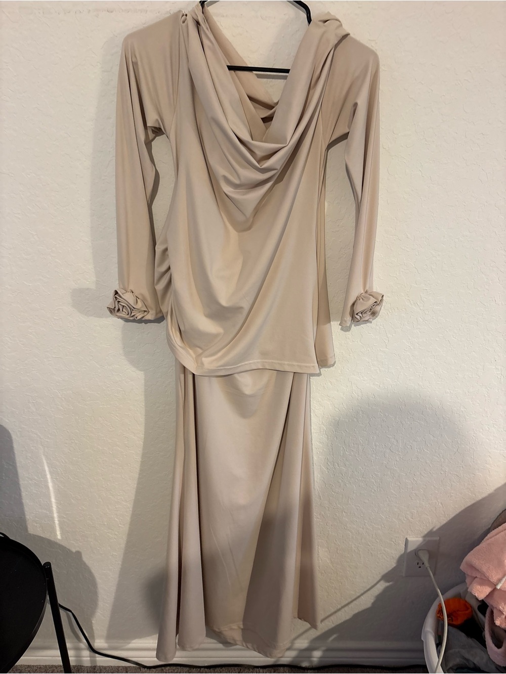 SHEIN Beige Long Sleeve Draped Maxi Dress